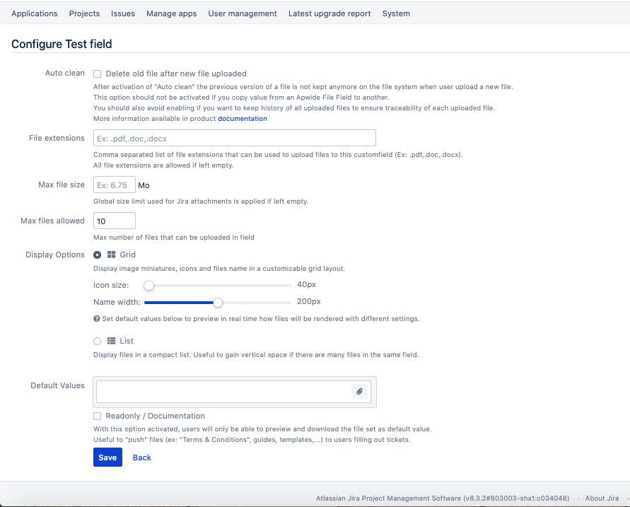 Options of File Field Attachment for Jira File Field for Jira configuration options