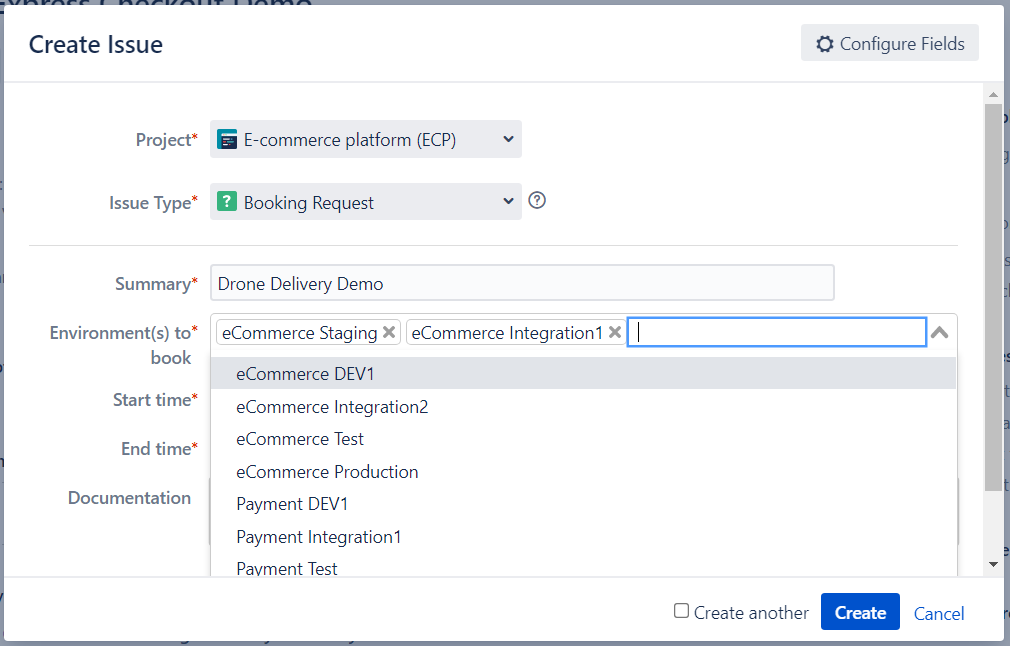 Jira Booking Request Environment Custom Field